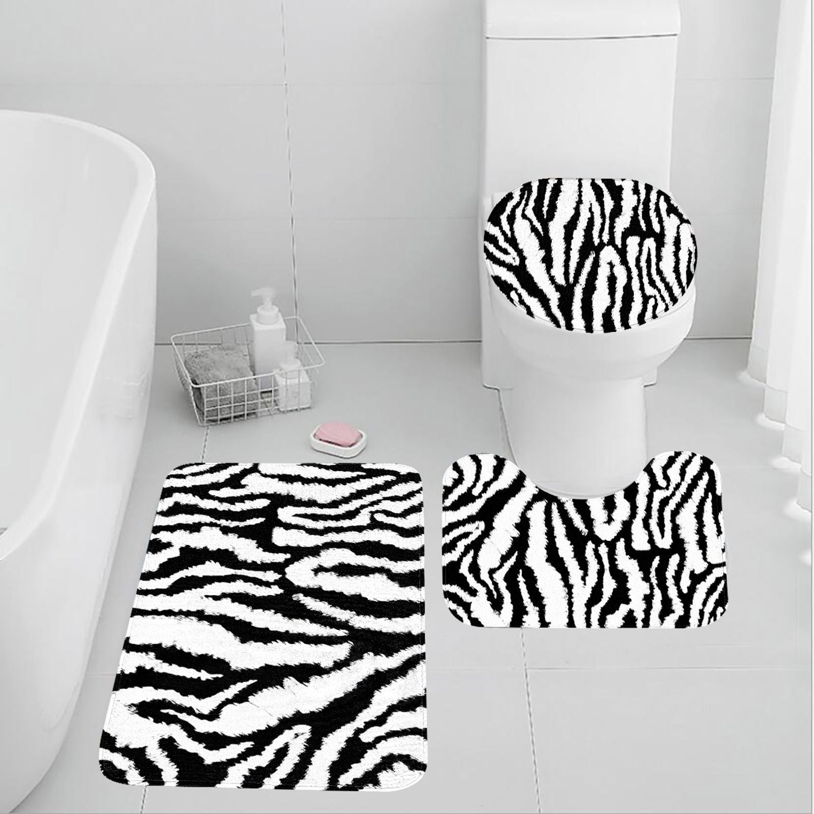 Zebra Print Bath Mat - Plush Non-Slip Toilet & U-Shaped Mat