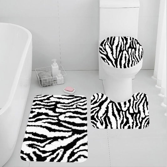 Zebra Print Bath Mat - Plush Non-Slip Toilet & U-Shaped Mat