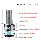 OXXI Rubber Base Coat UV Gel 15ml - No Wipe Top Coat Set
