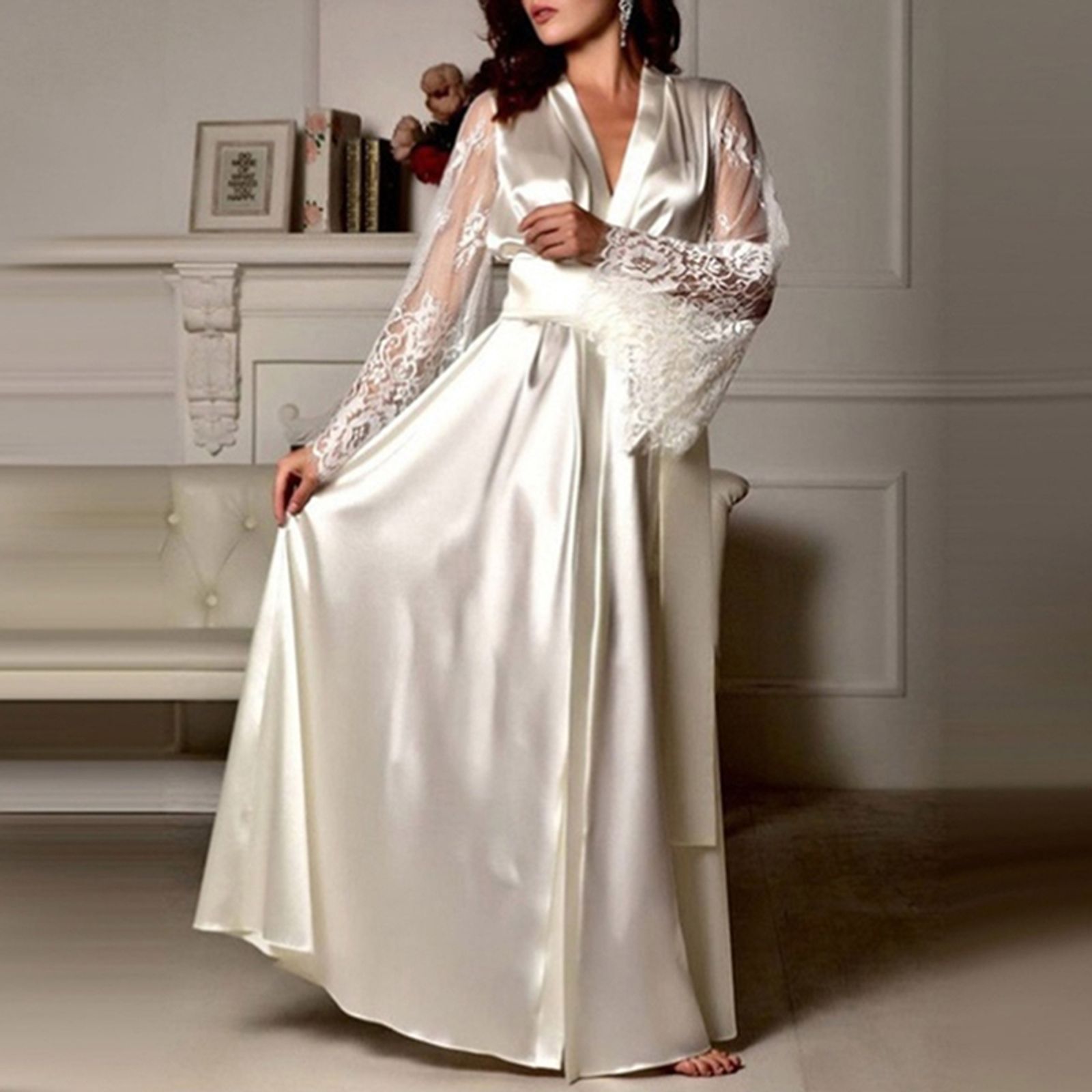 Womens Sexy Long Lace Nightdress Bath Robe Gown