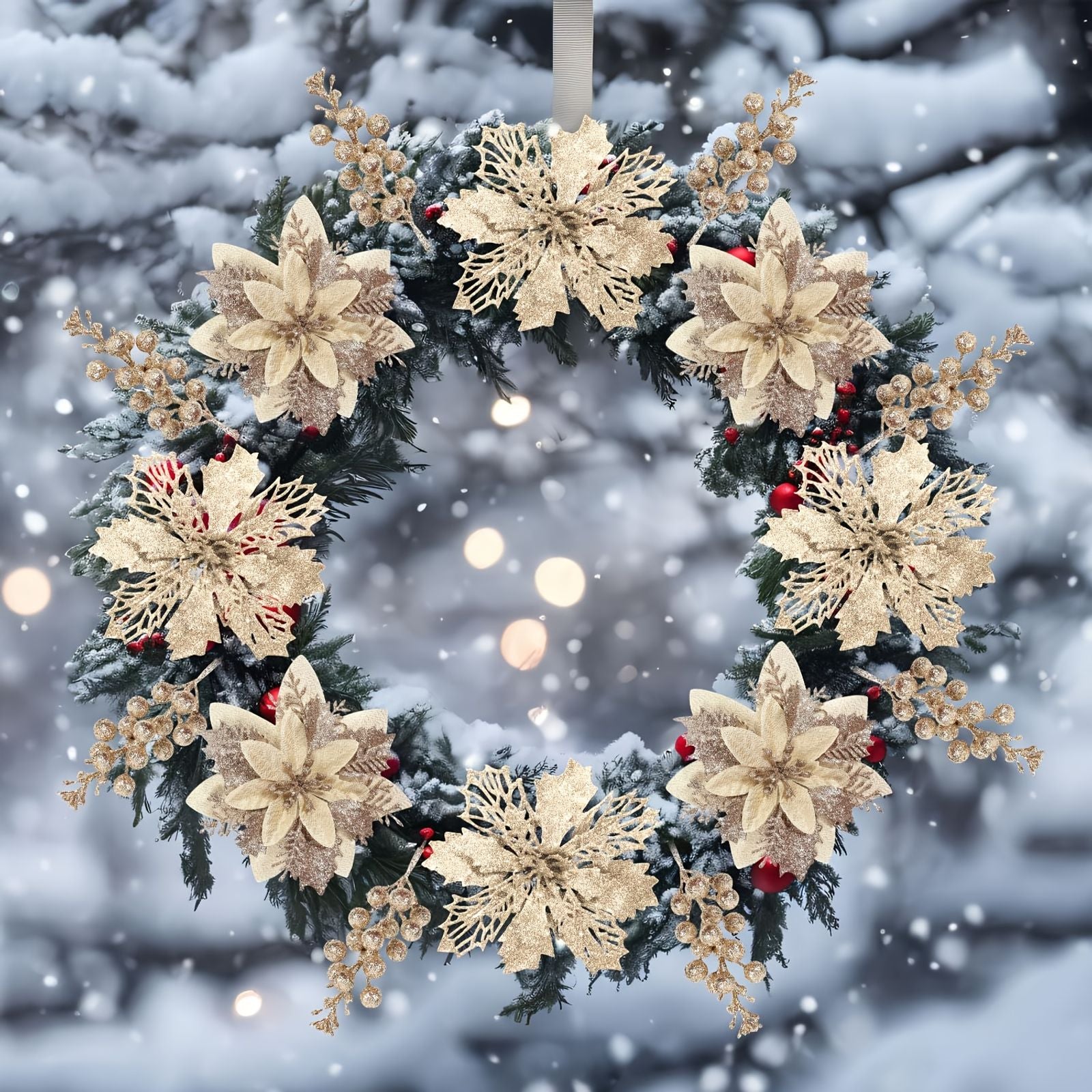 18pcs Christmas Poinsettia Flowers & Glitter Berry Stems Kit