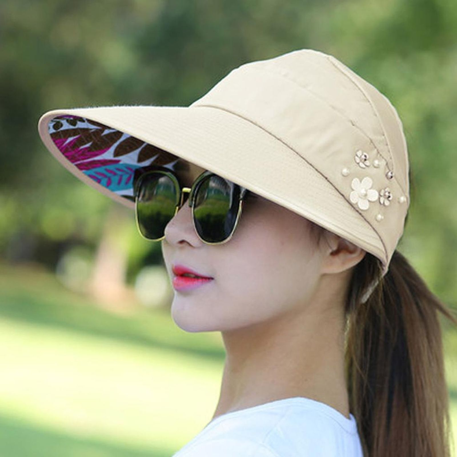 Womens Summer Wide Brim Foldable Sun Hat - Anti-UV Visor