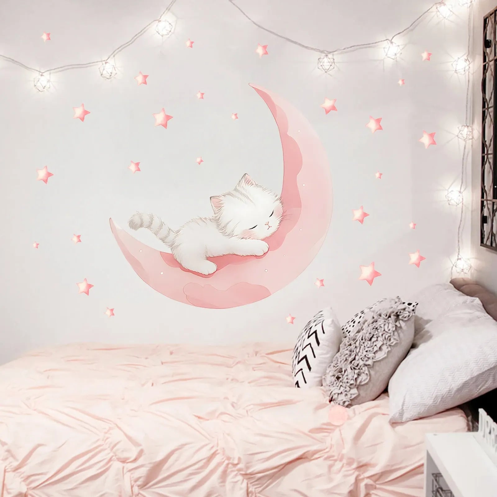 Cute Cat Pink Moon Wall Stickers for Kids' Rooms