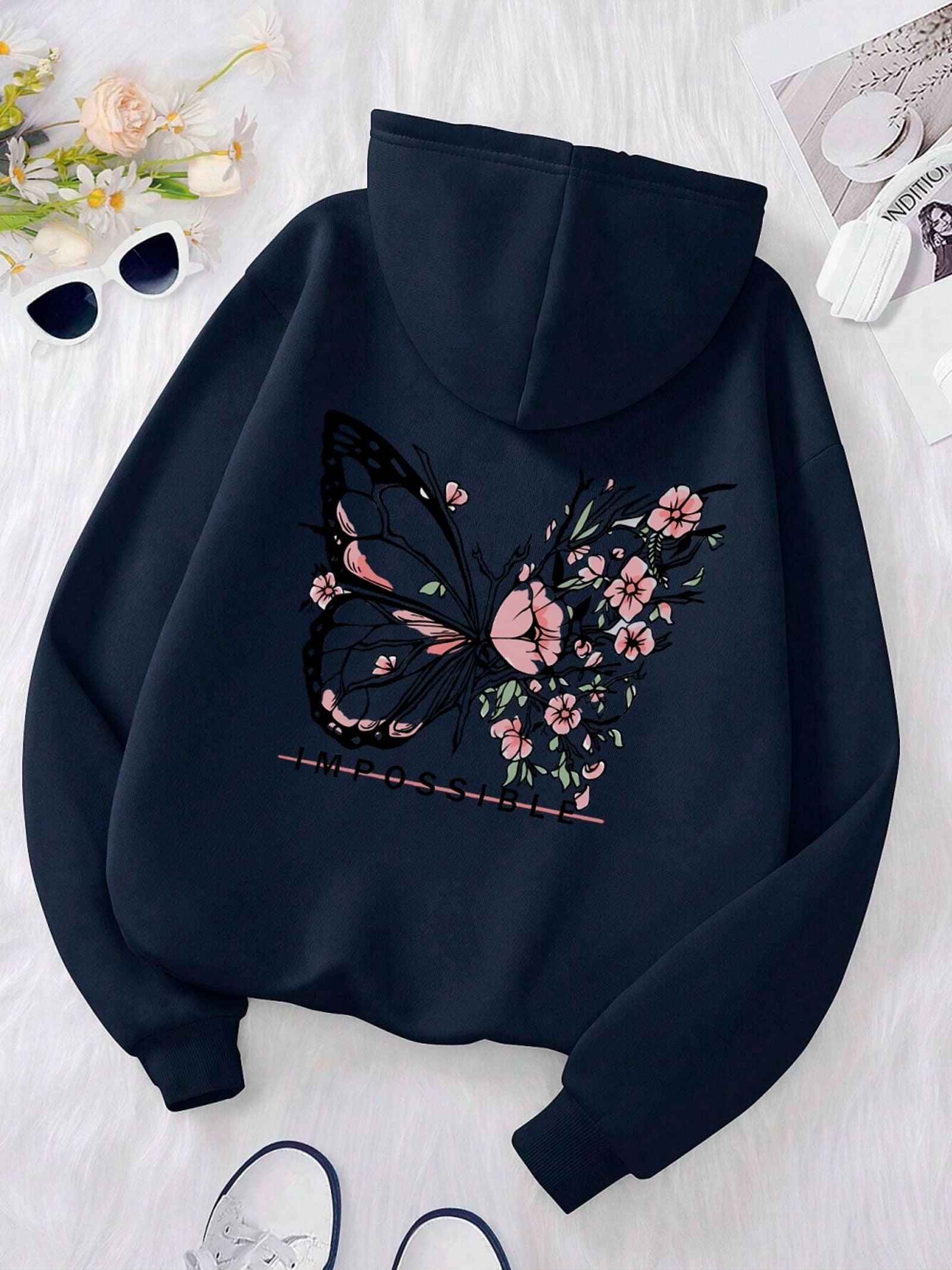 Rose Butterfly Graphic Print Women’s Hooded Sweatshirt