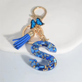 Blue Glazed Stone A-Z Letter Keychain with Butterfly Pendant