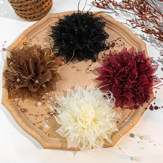 Handmade Floral Feather Brooch with Pearl Tassel