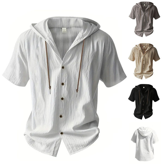 Men's Cotton Linen Hooded Short Sleeve Shirt