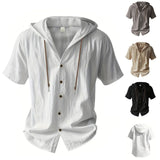 Men's Cotton Linen Hooded Short Sleeve Shirt