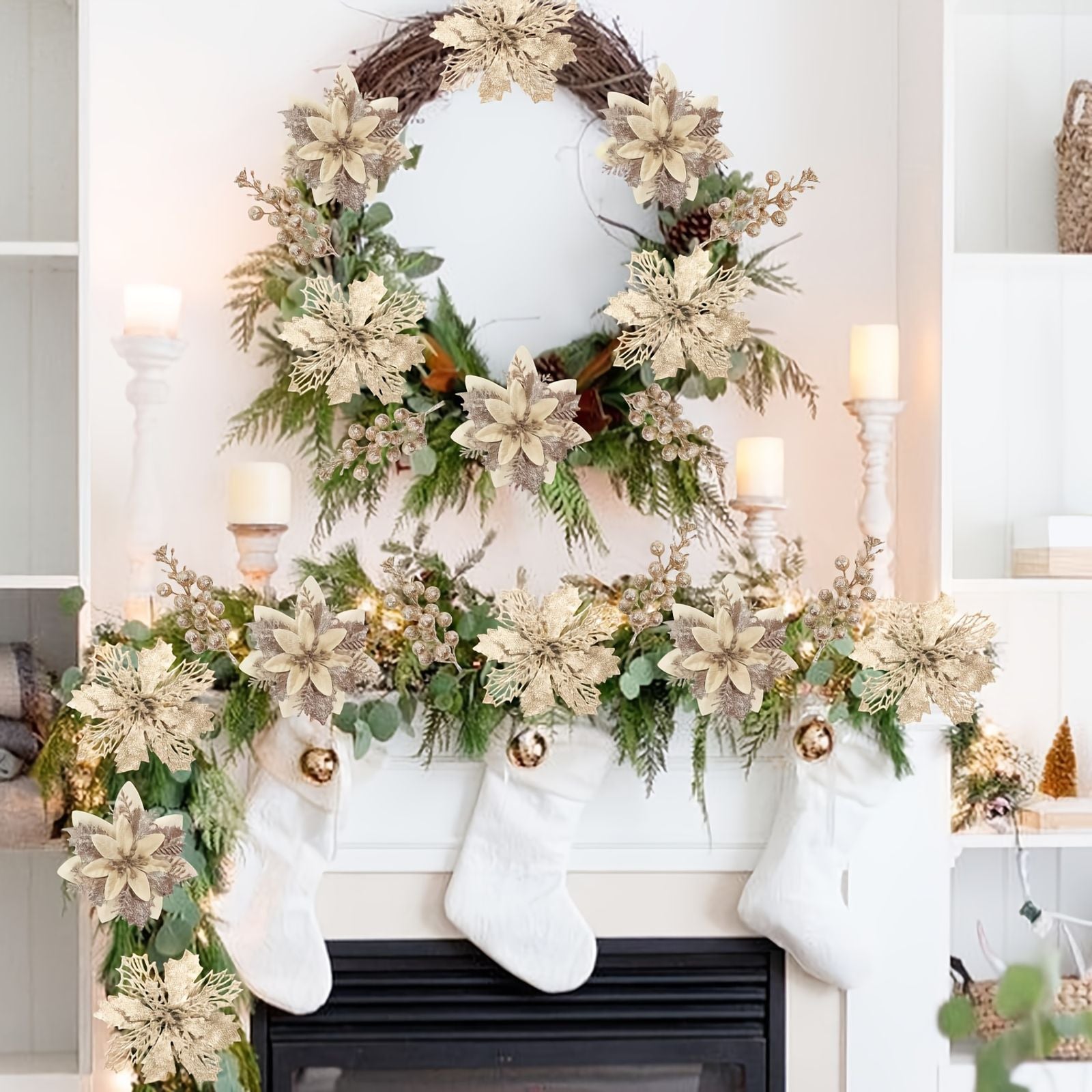 18pcs Christmas Poinsettia Flowers & Glitter Berry Stems Kit