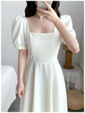Slim Fit White Bubble Sleeve Dress with Square Neck