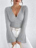 2024 Women’s V-Neck Solid Color Long Sleeve Knitted T-Shirt