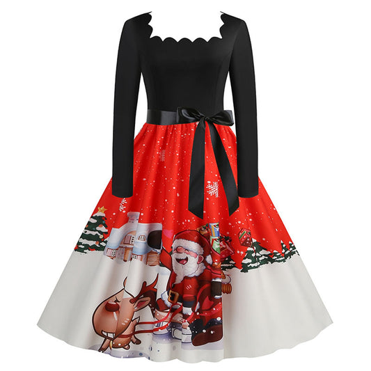 Women's Vintage Christmas Midi Dress with Square Collar