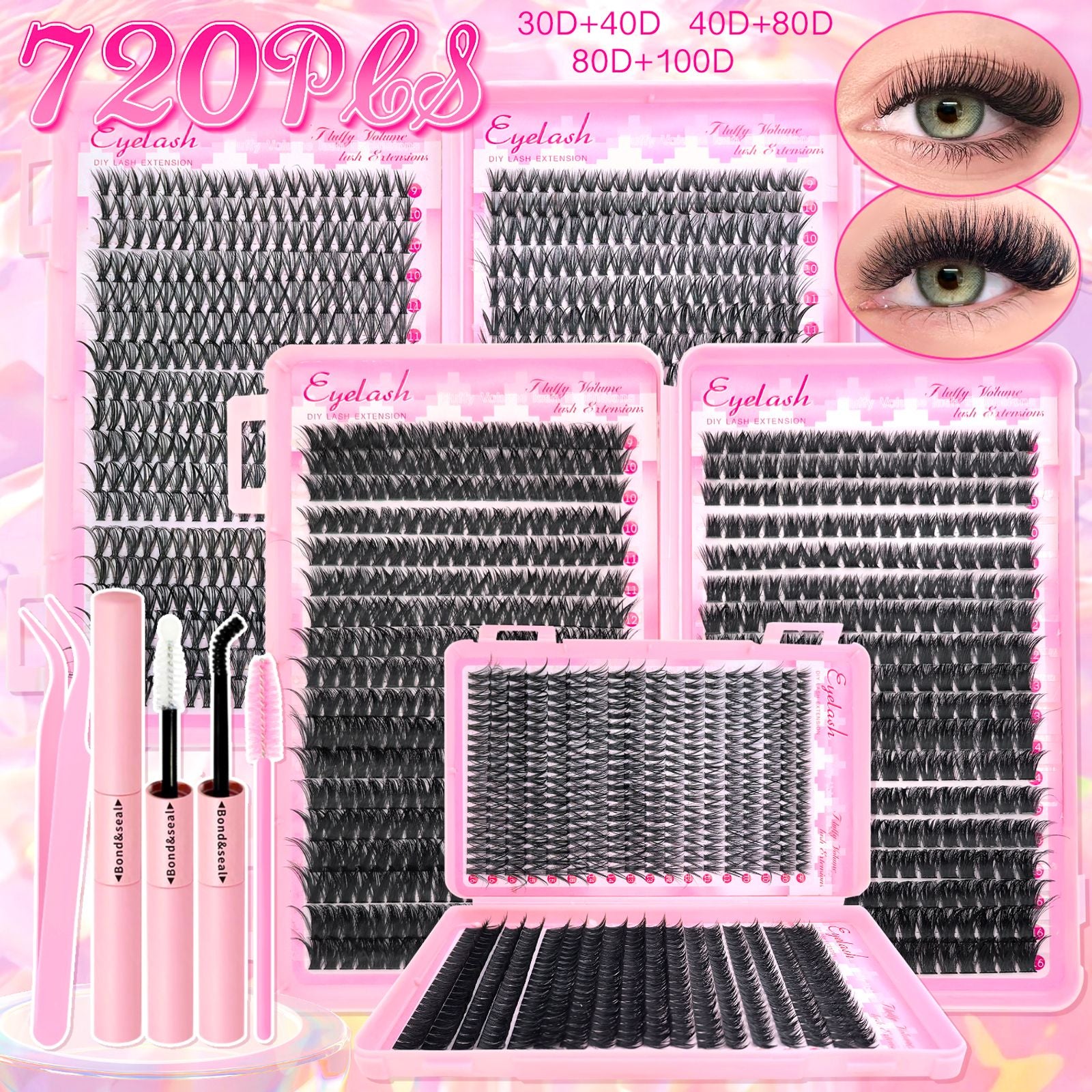 DIY Lash Extension Kit with 720pcs Lash Clusters