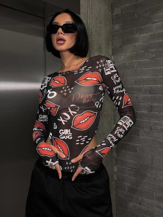 Gothic Printed Long Sleeve Bodysuit Jumpsuit for Women