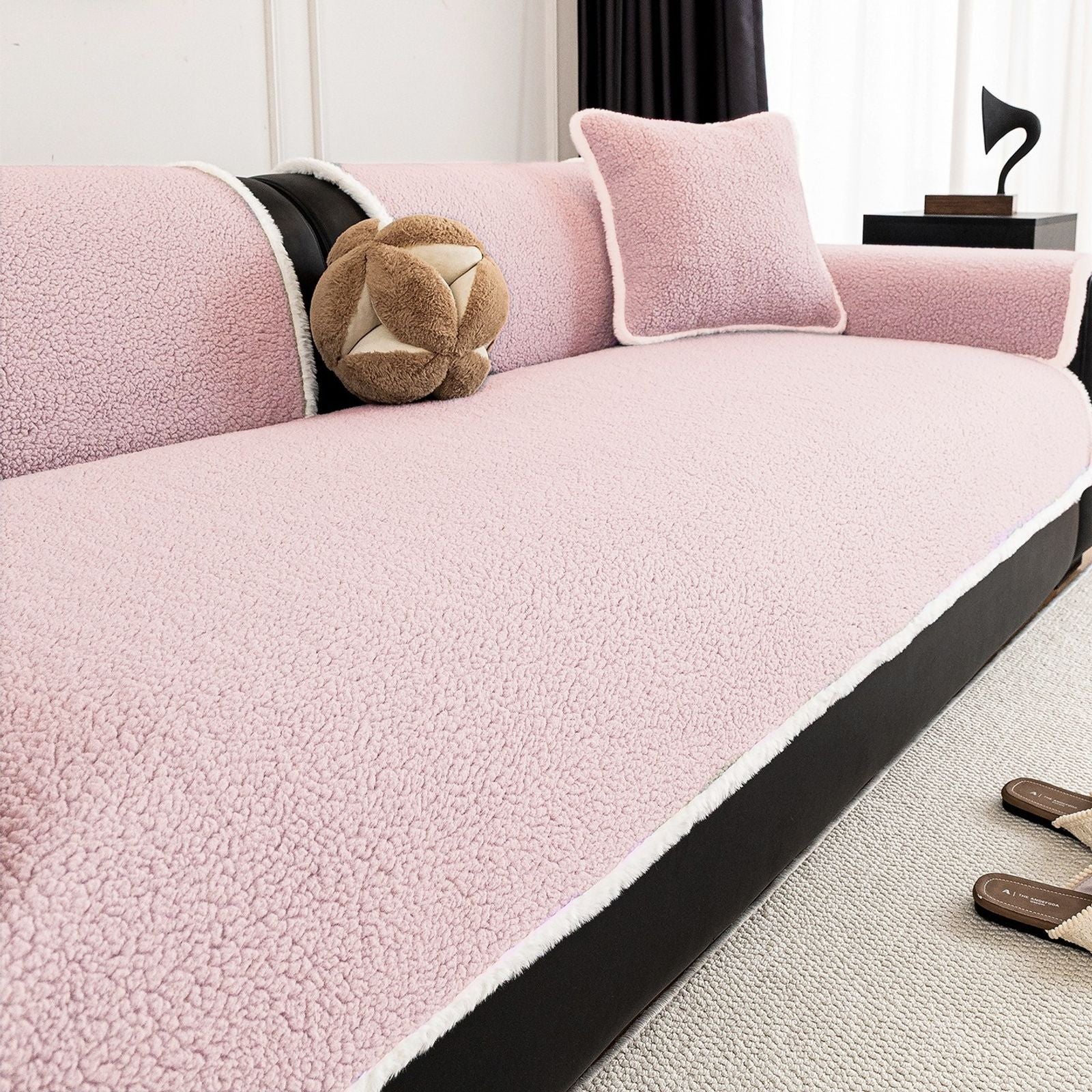 Warm Solid Sherpa Fleece Sofa Cover with Non-Slip Binding