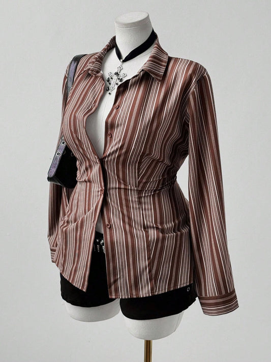 Plus Size Y2K Retro Striped Button-Down Blouse