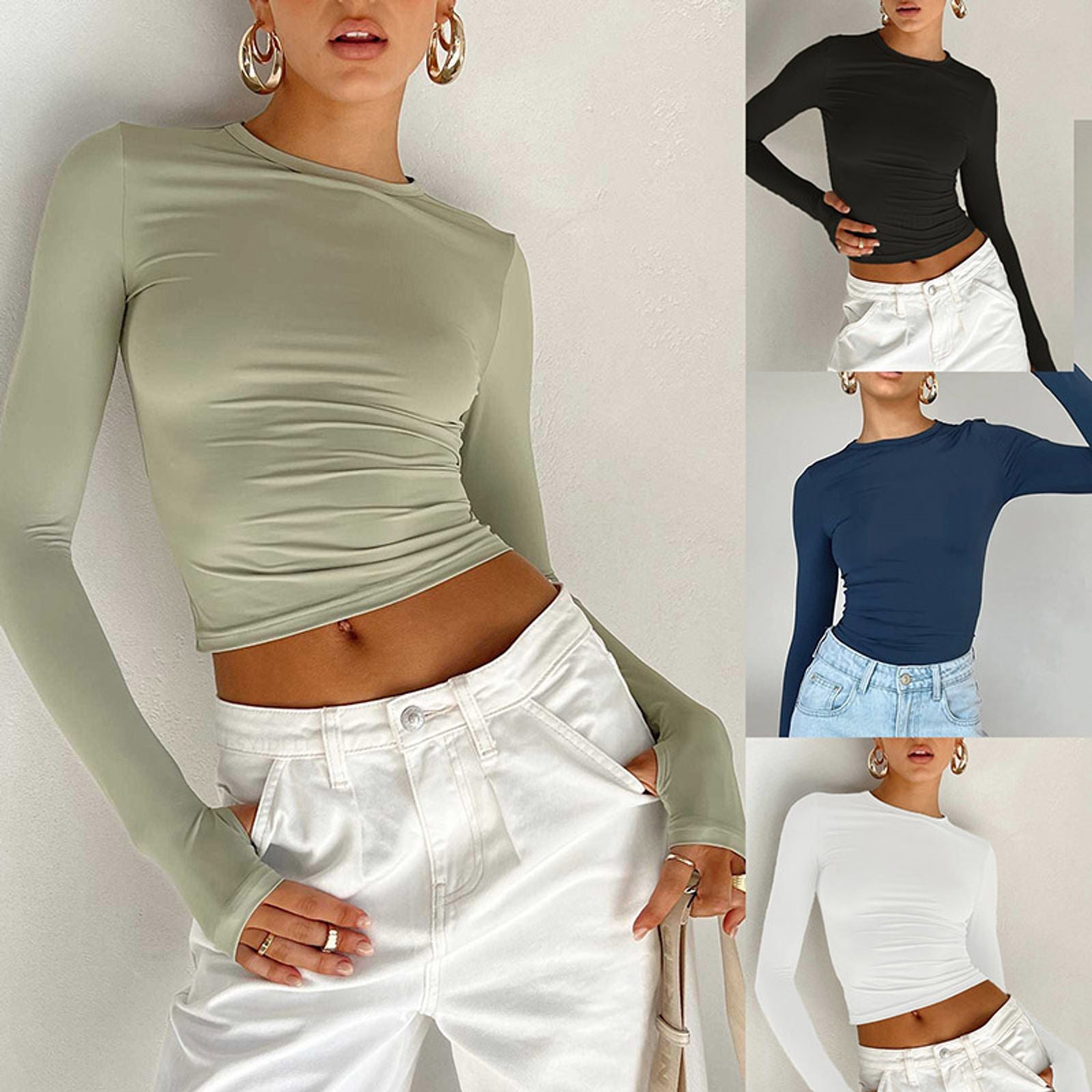 Womens Long Sleeve Crew Neck Crop Top with Thumb Holes