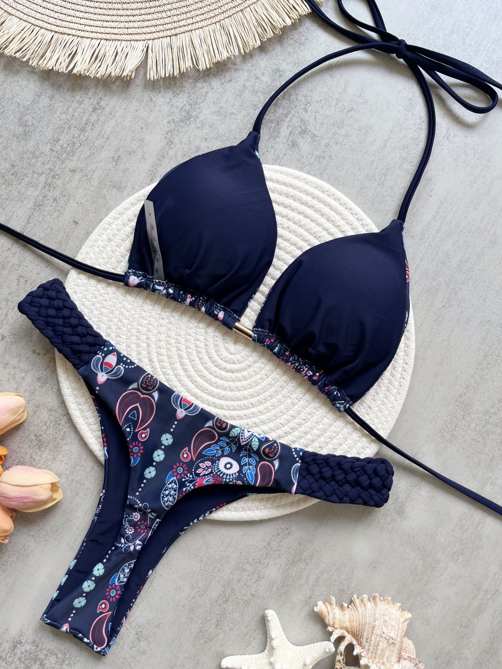 Print Halter Mini Thong High Cut Bikini Set