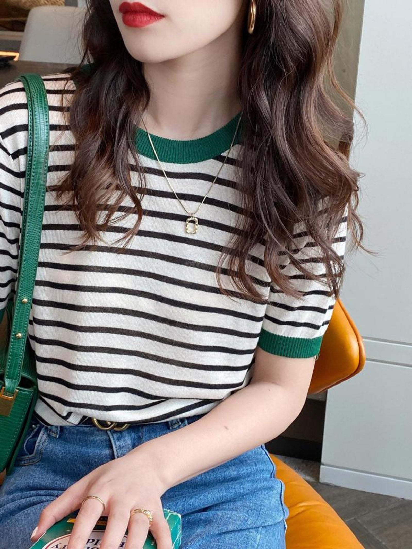 Women's Summer Stripe Knitted Round Collar T-Shirt