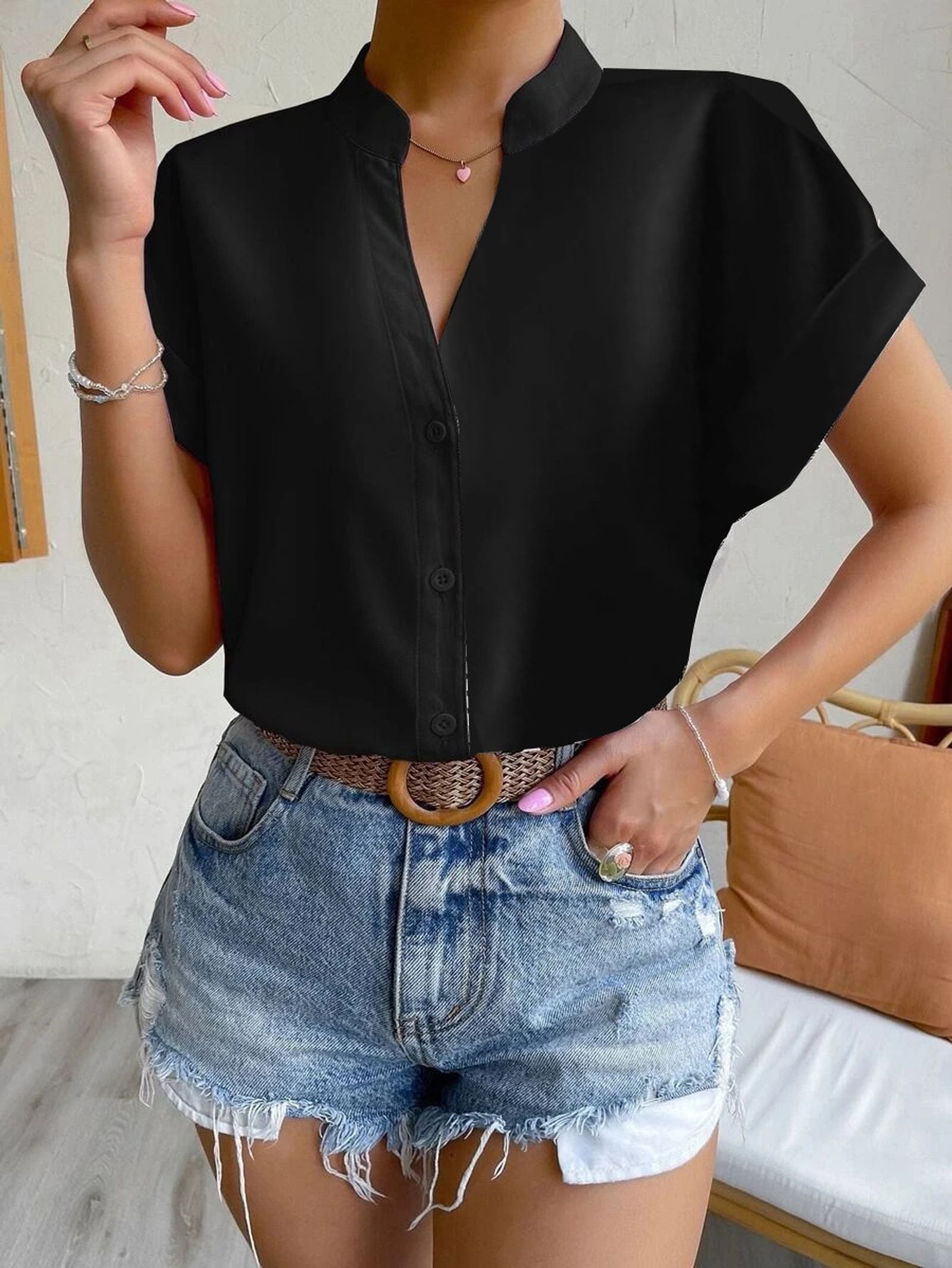 Women’s Solid PU Leather Button Down Bodycon Blouse