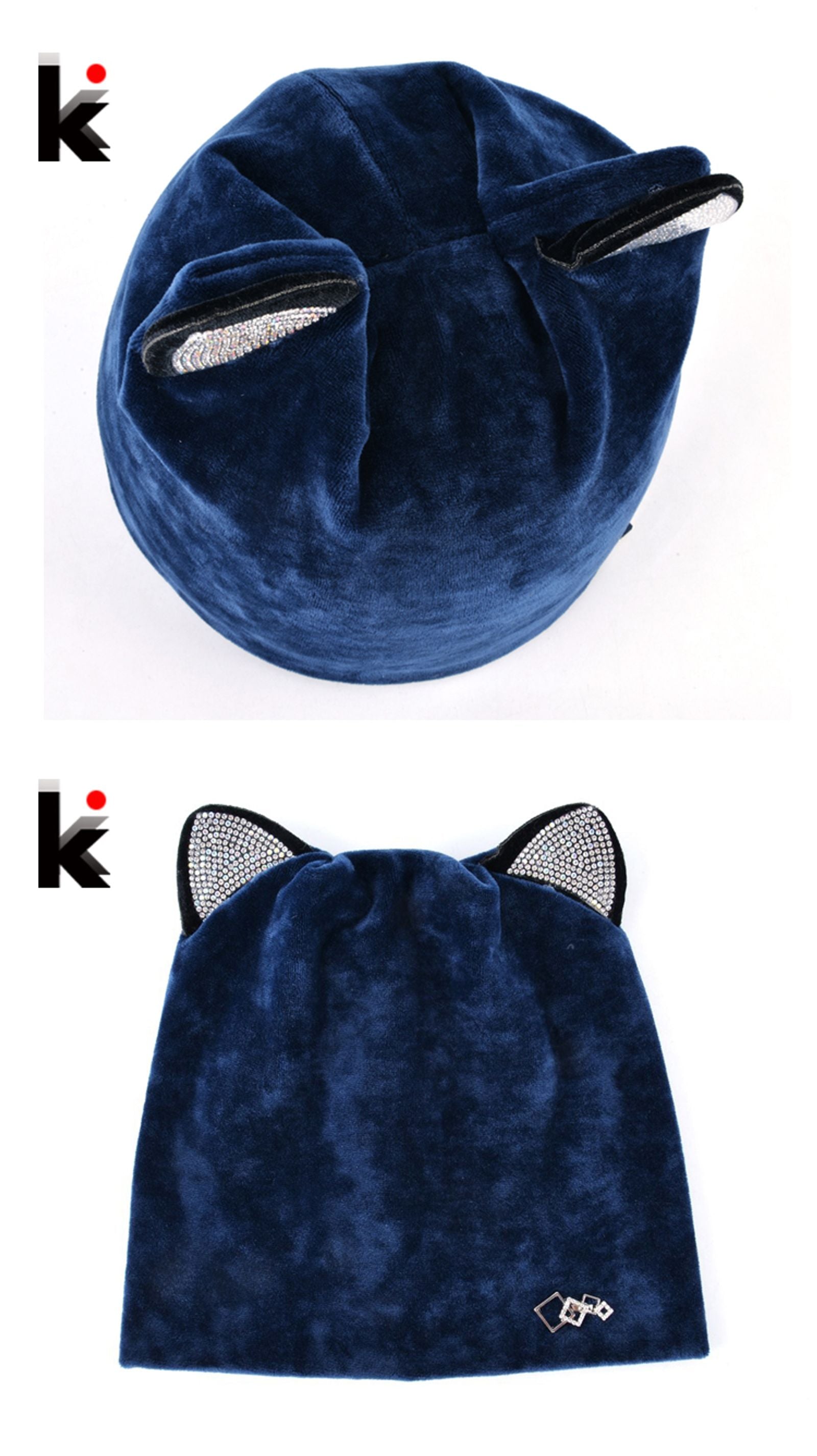 Women's Warm Velvet Cat Beanie with Flashing Rhinestones
