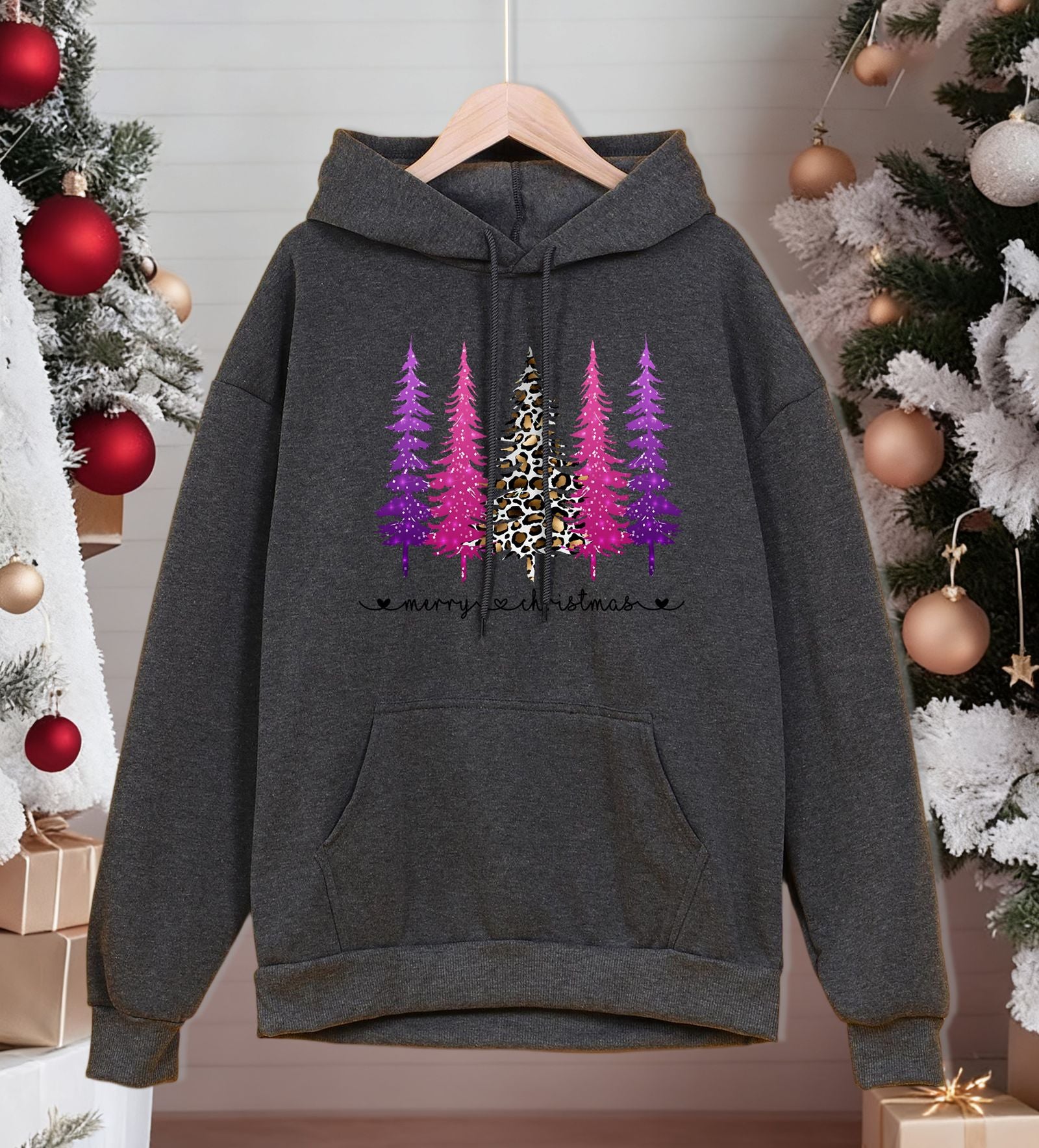 Merry Christmas Tree Print Hoodie for Men