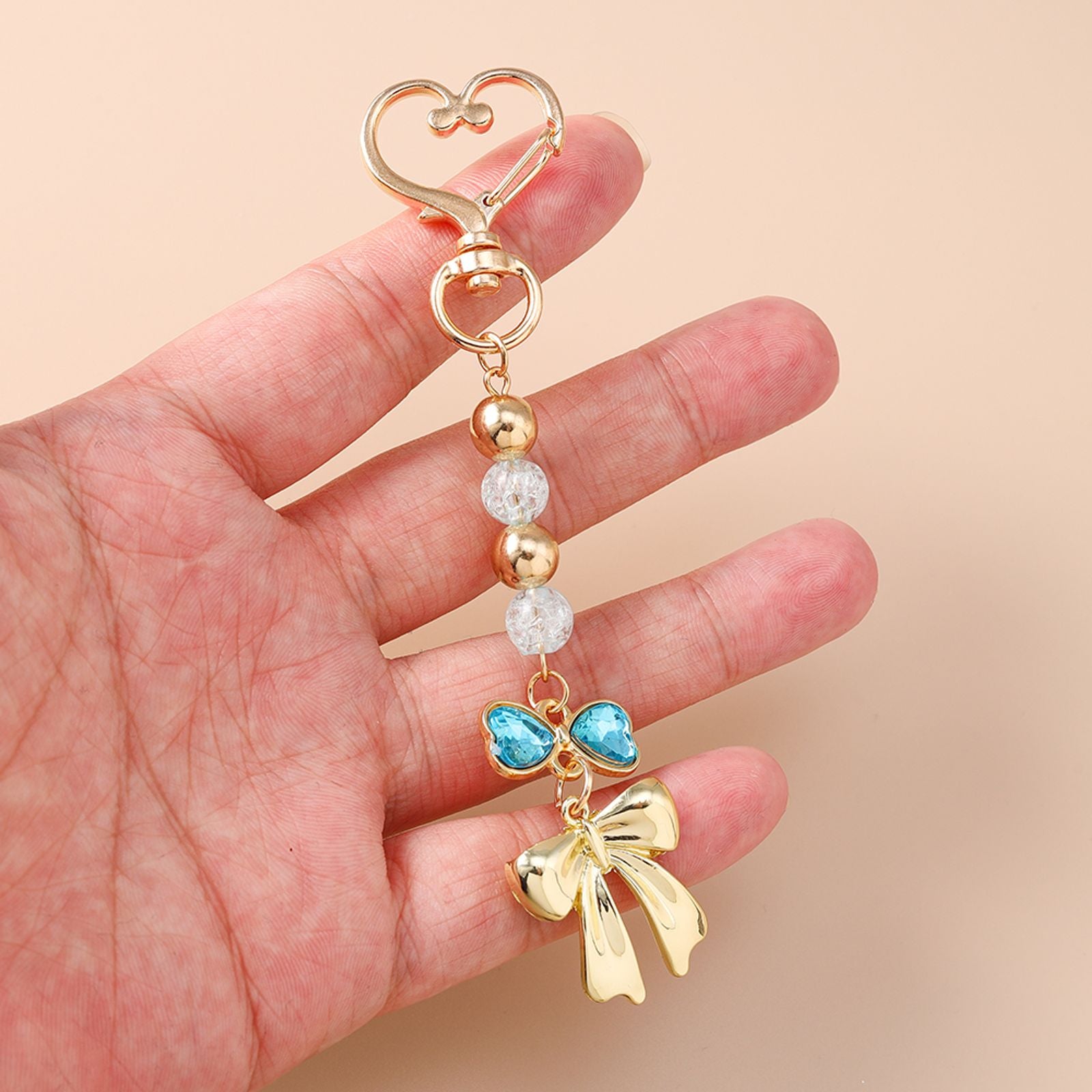 Cute Bowknot Love Heart Keychain with Crystal and Pearl