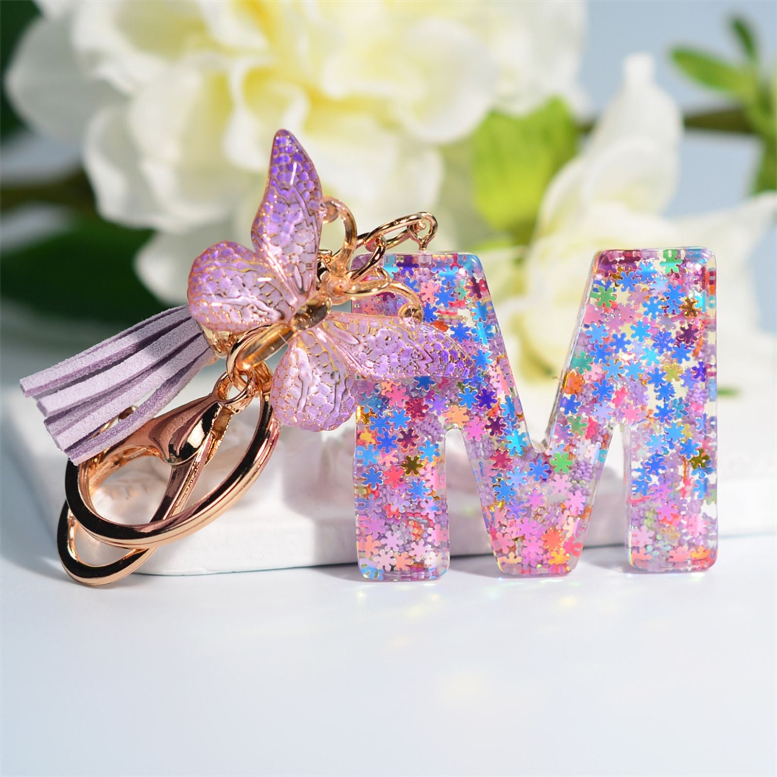 Dreamy Sequin Initial Keychain with Butterfly Pendant