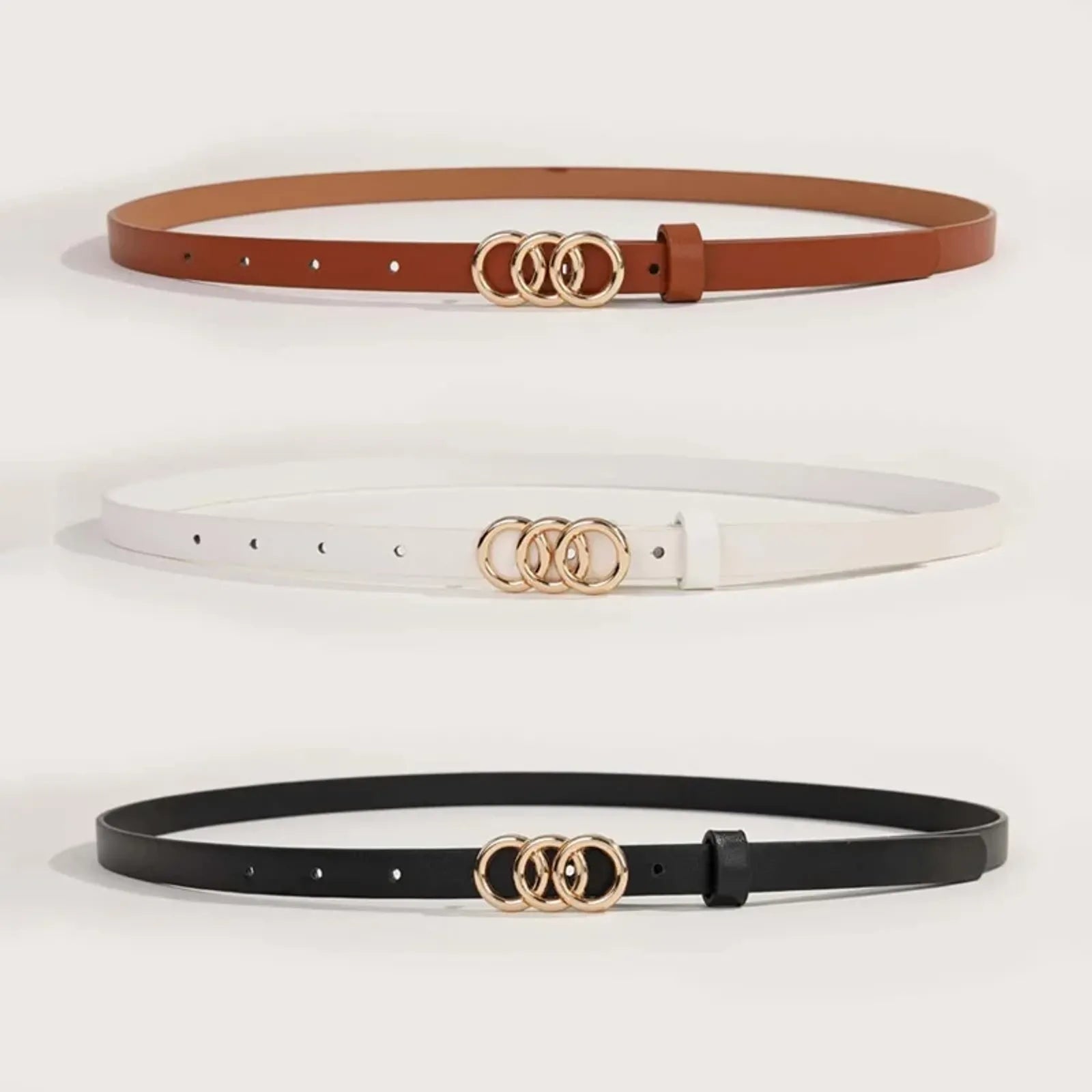 Triple Rings Buckle Thin PU Leather Belt