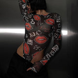 Gothic Printed Long Sleeve Bodysuit Jumpsuit for Women
