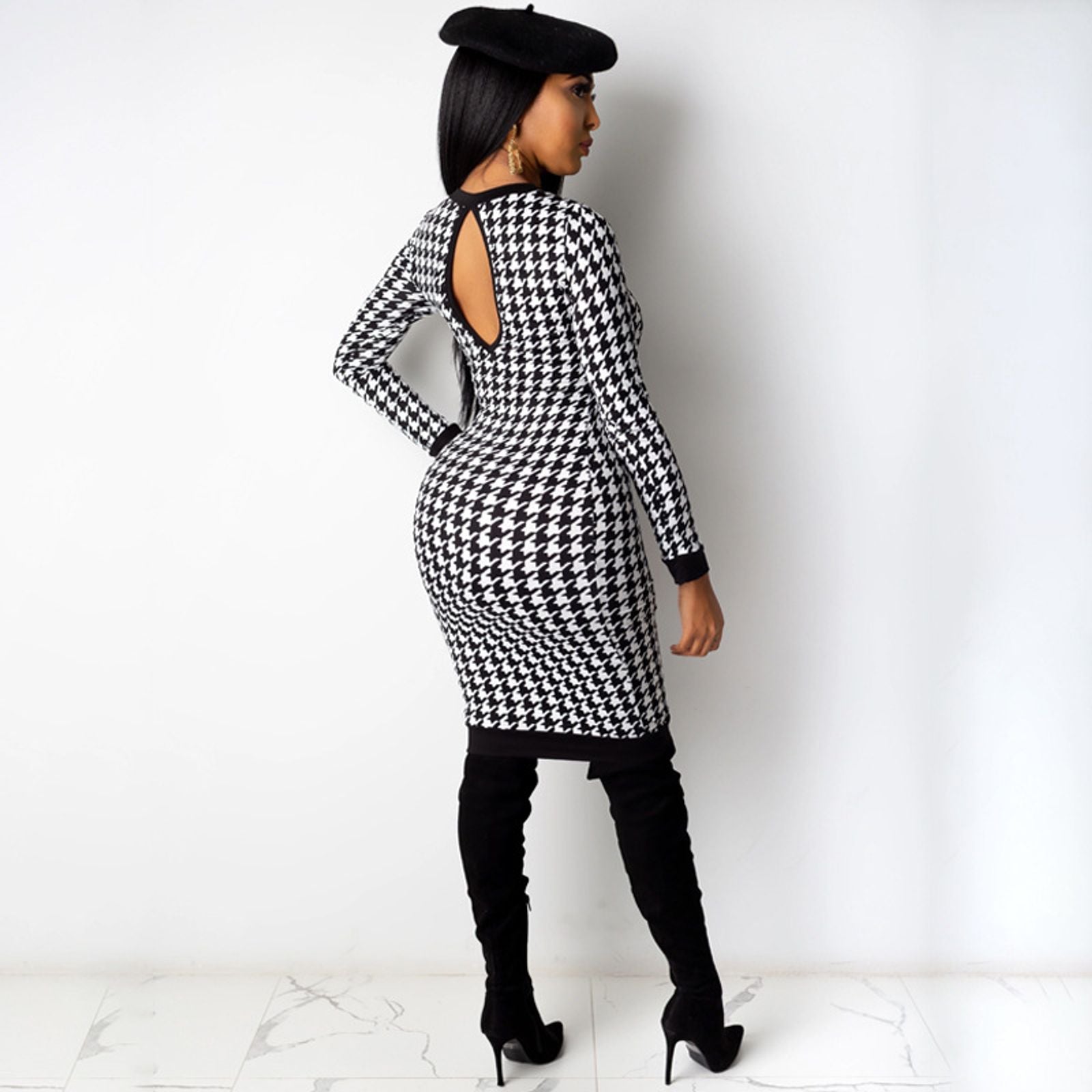 Houndstooth Print Long Sleeve Midi Dress for Women