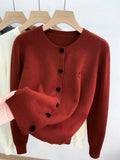 Women's O-Neck Heart Button Sweater Cardigan with Bow Embroidery