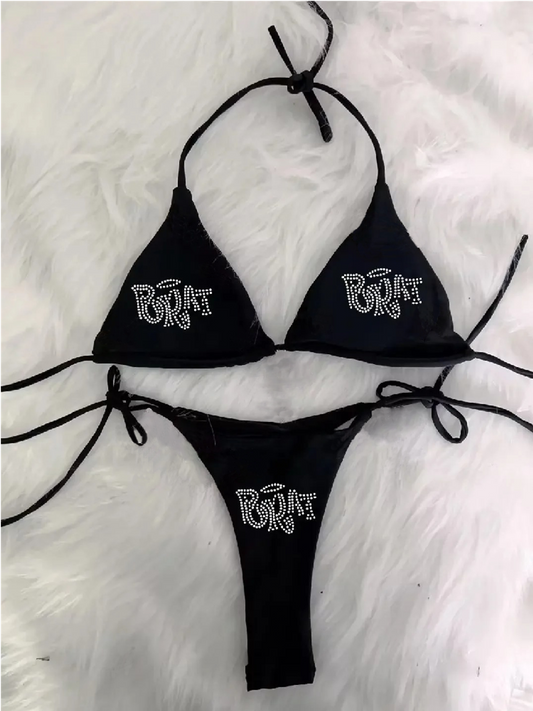 2000s Woman Punk Grunge Lace Up Swimsuit Bikini