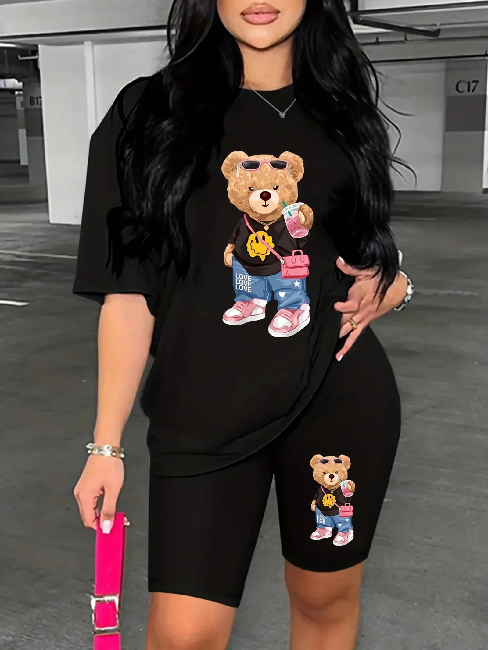 Summer Women's Bear Cartoon Print T-Shirt and Shorts Set