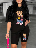 Summer Women's Bear Cartoon Print T-Shirt and Shorts Set
