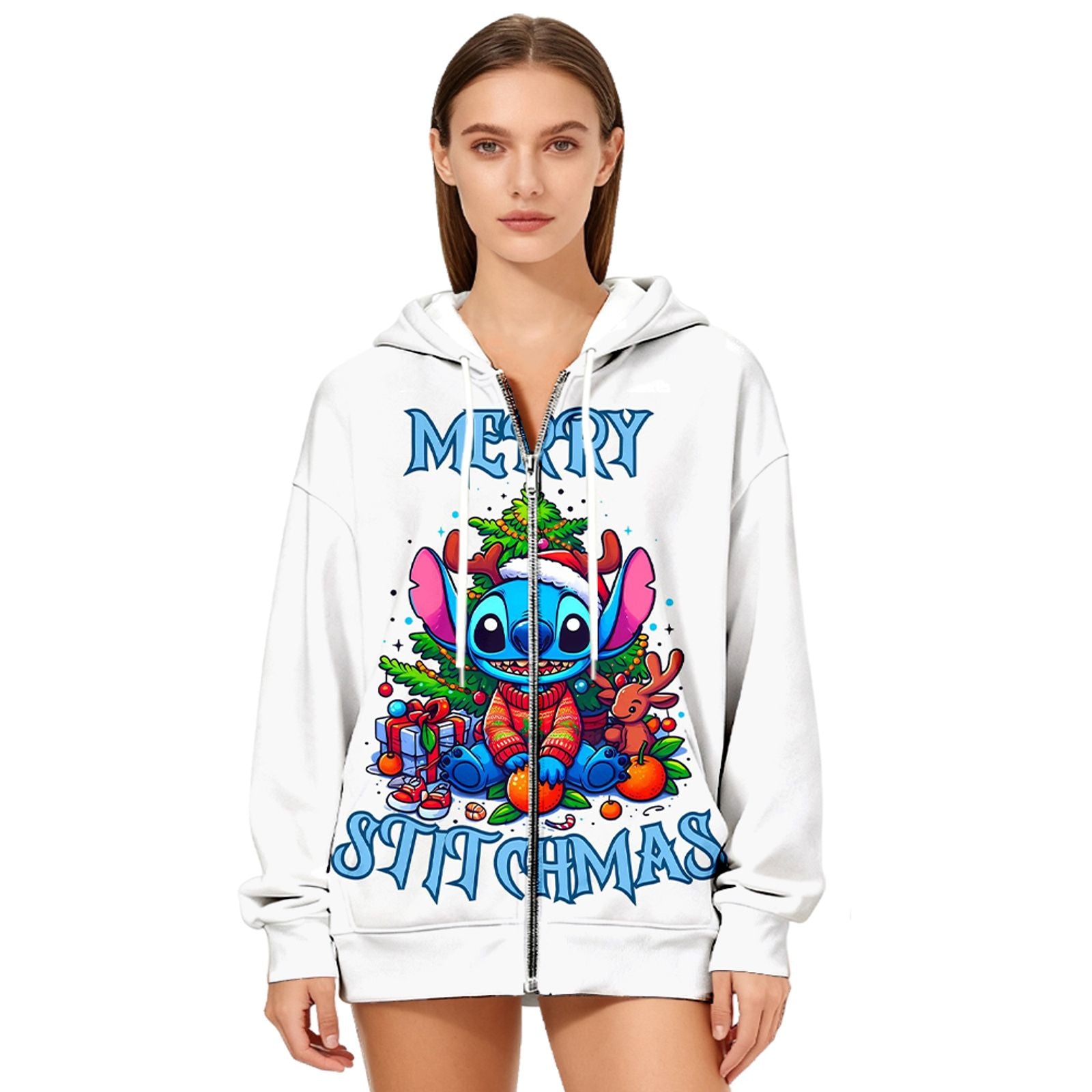 Women's Oversized Hooded Zip-Up Sweatshirt - Merry Stitchmas