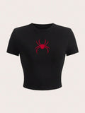 Simple Red Spider Print Crop T-Shirt for Women