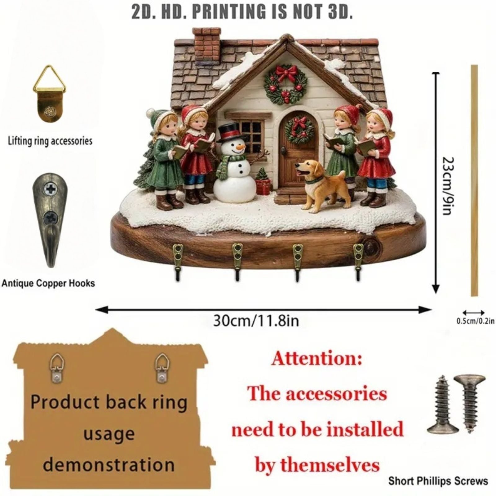 2D Christmas Carol Scene Wooden Keyframe with Hooks