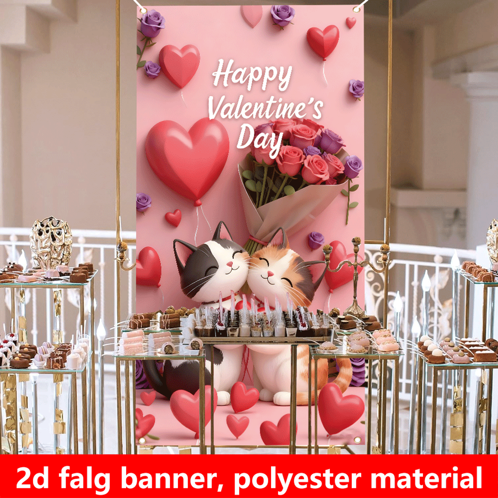 Valentine's Day Roses and Cat Banner for Weddings and Parties