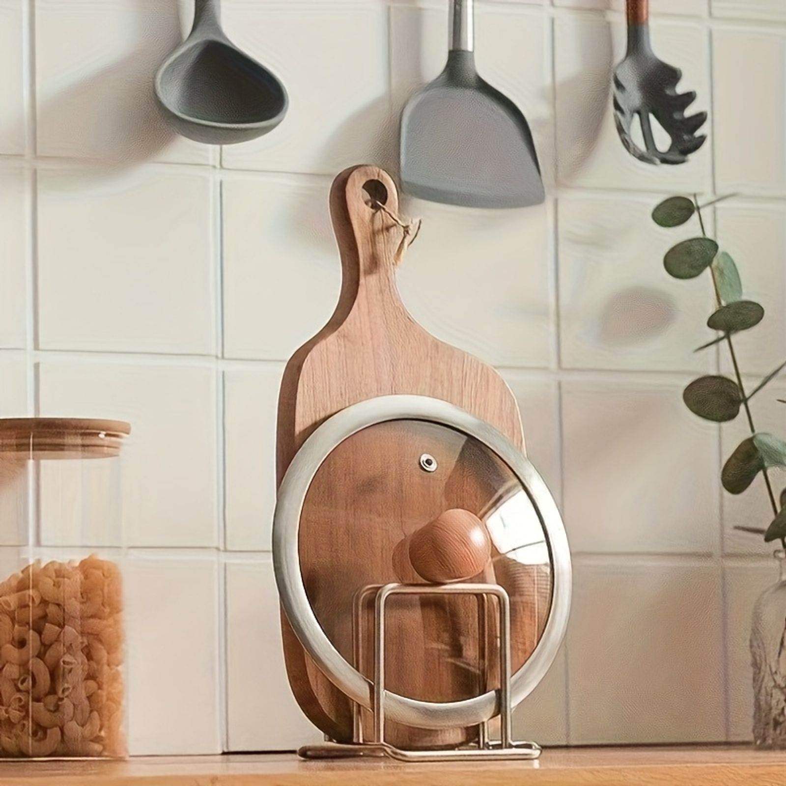 Space-Saving Stainless Steel Pot Lid and Cutting Board Organizer