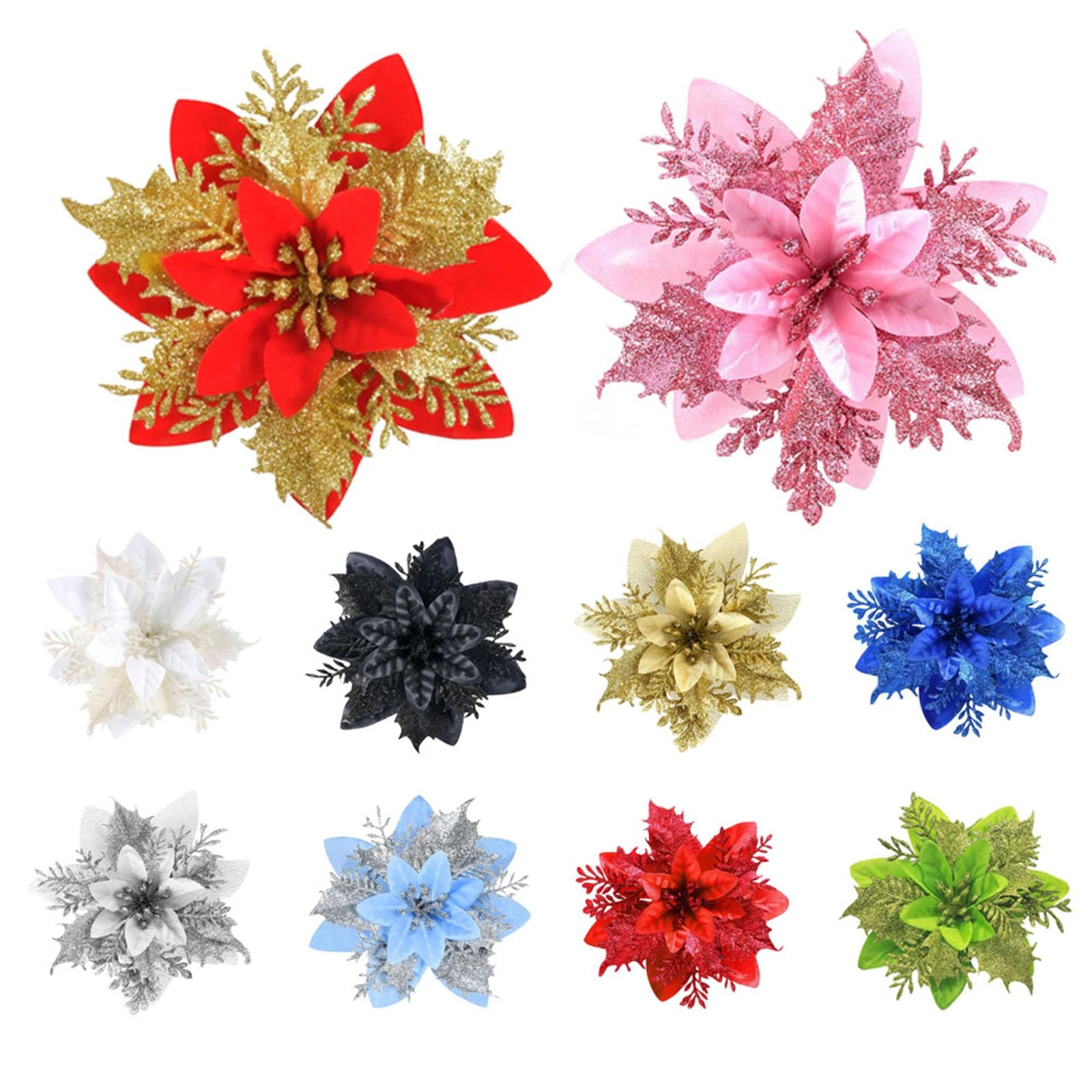 20 Pcs Glitter Artificial Christmas Flowers for Holiday Decor