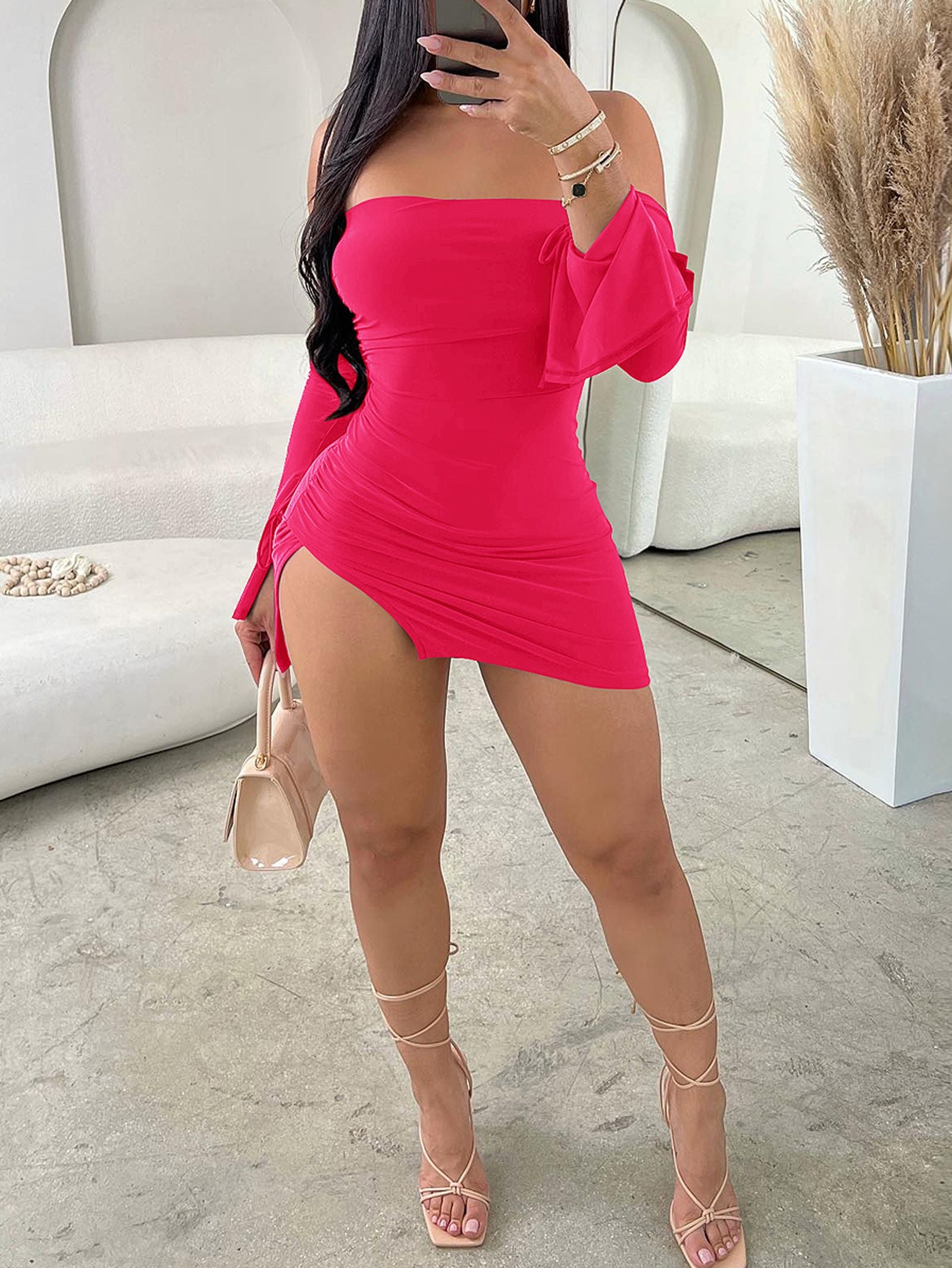 Women’s Black Strapless Bodycon Mini Dress with Long Sleeves