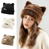 Iron Label Cute Plush Beanie Hat with Ears for Women
