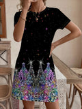 2025 Christmas Tree Print A-Line Dress for Women