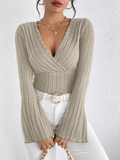 2024 Women’s V-Neck Solid Color Long Sleeve Knitted T-Shirt