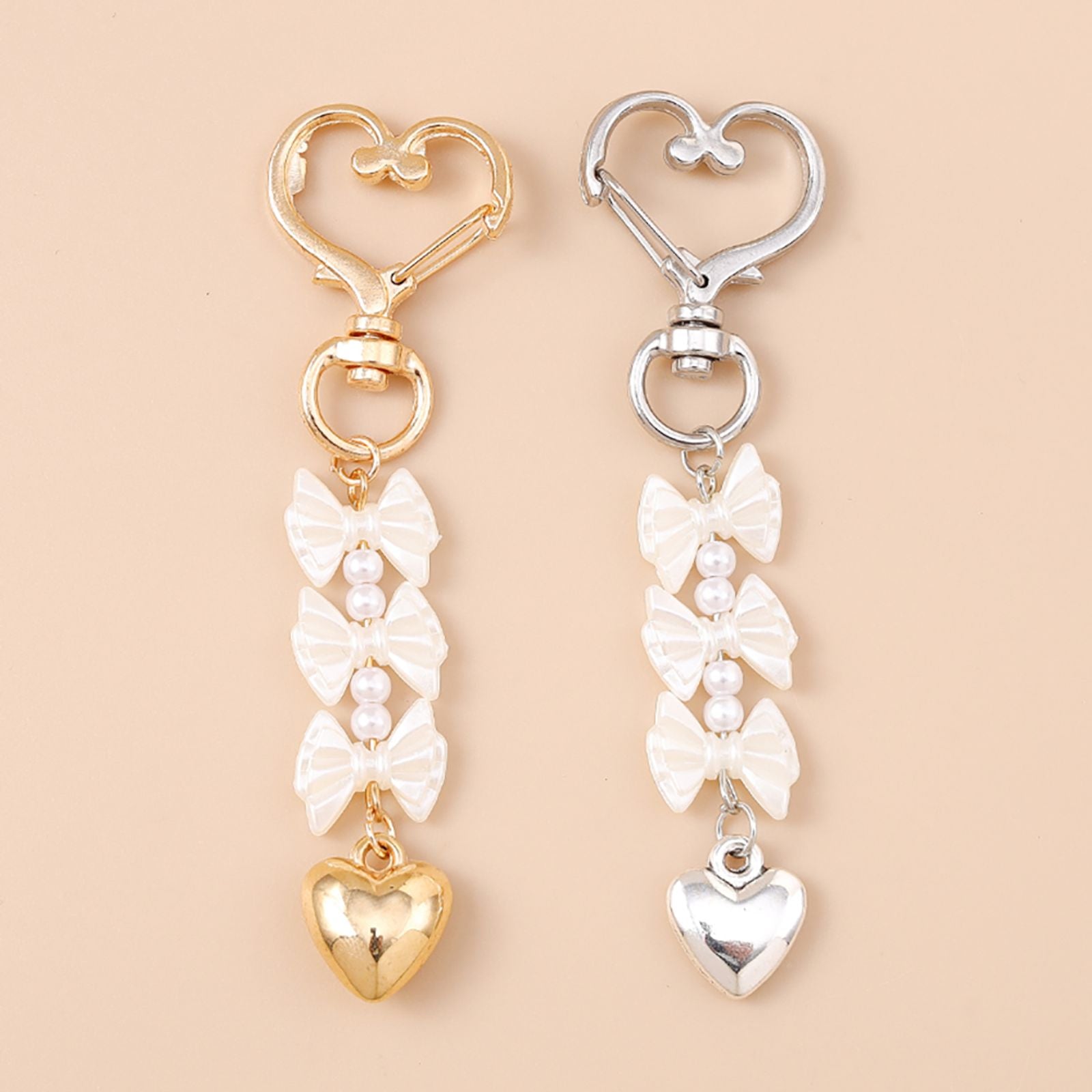 Cute Bowknot Love Heart Keychain with Crystal and Pearl