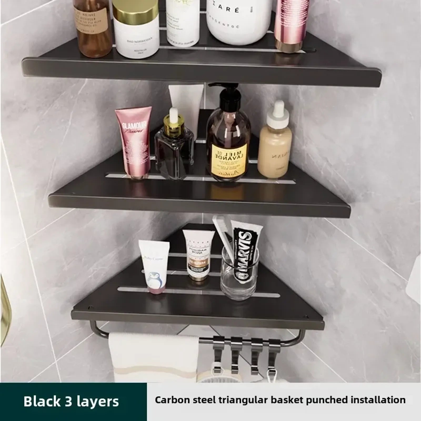 Wall-Mounted Triangle Drain Shelf with Hooks