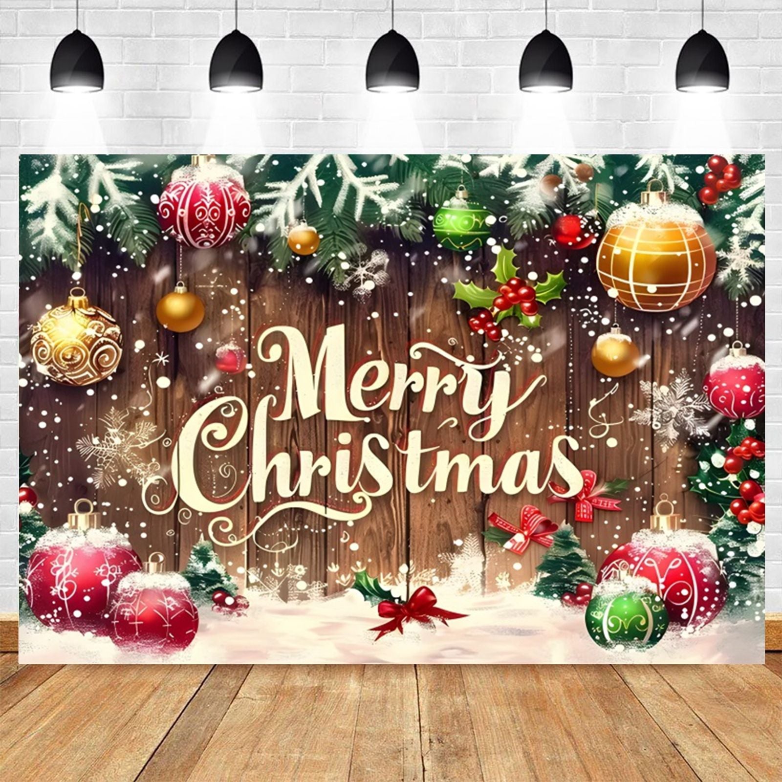 Merry Christmas Photography Backdrop with Wreath and Ornaments