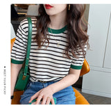 Women's Summer Stripe Knitted Round Collar T-Shirt