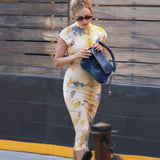 Elegant High Collar Slim Fit Summer Print Dress